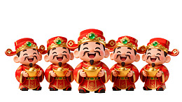 五福财神手持金元宝欢笑