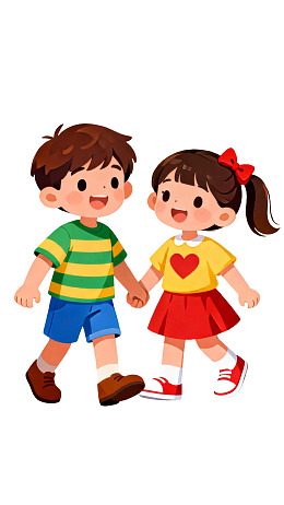 卡通男孩女孩牵手行走