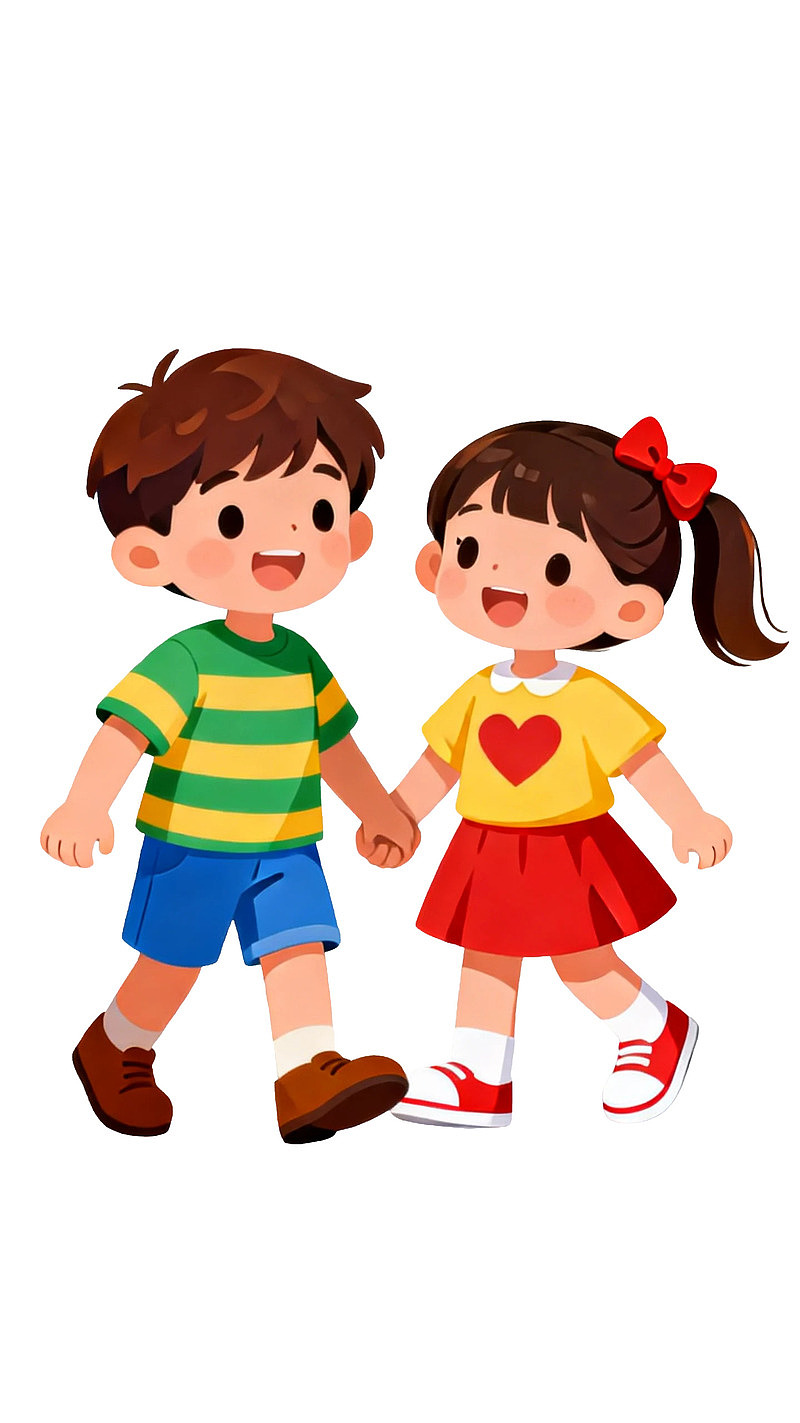 卡通男孩女孩牵手行走