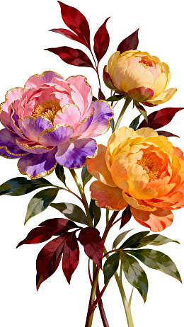 三朵色彩斑斓的牡丹花