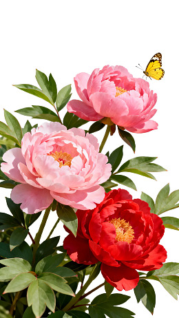 三朵牡丹花与蝴蝶图片