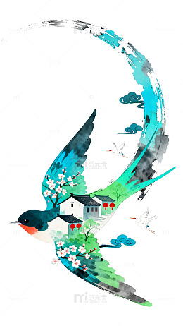 水墨燕子春日风景插画