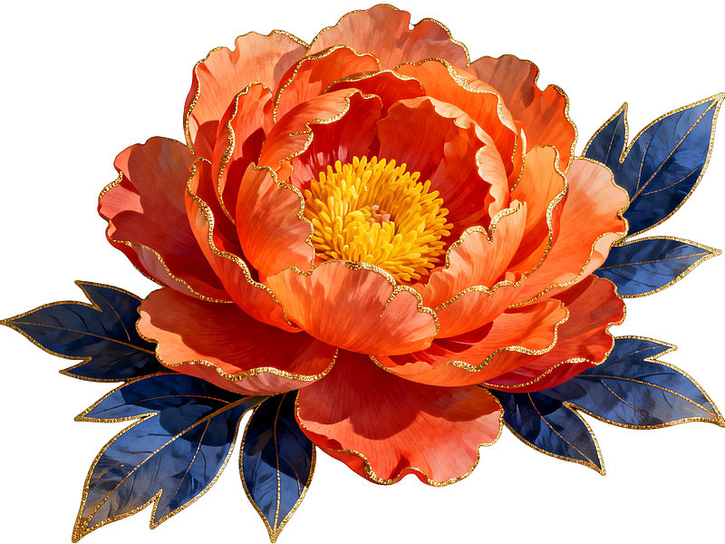 橙色牡丹花与蓝色叶片