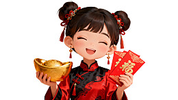 卡通女孩手持金元宝和红包
