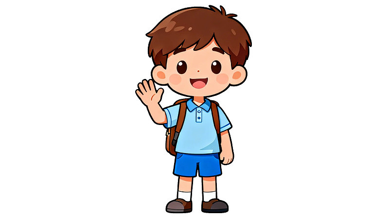 卡通男孩挥手微笑背着书包