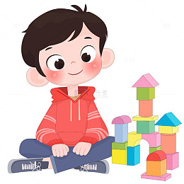 男孩搭建彩色积木房子益智玩具儿童教育插画
