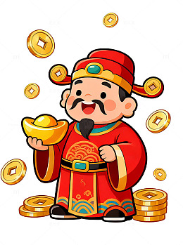 卡通财神爷送金元宝插画