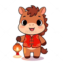 手绘马年提着灯笼的小马