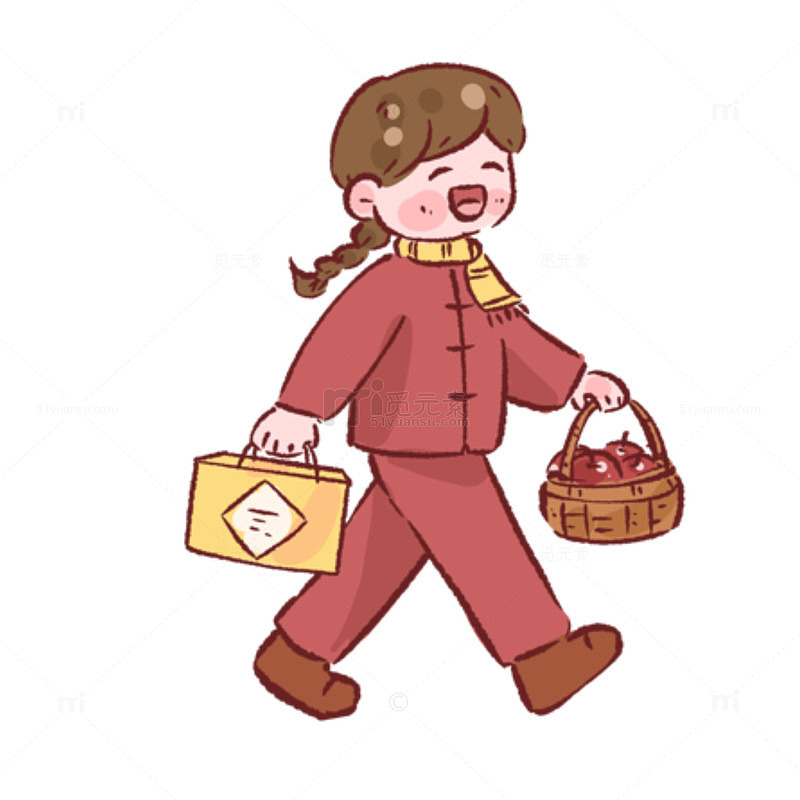 卡通新年小女孩手提果篮和盒子