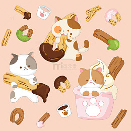 猫咪厨师抹茶奶油巧克力饼干零食美食插画