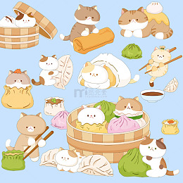 猫咪厨师早餐店包子饺子烧麦零食美食插画