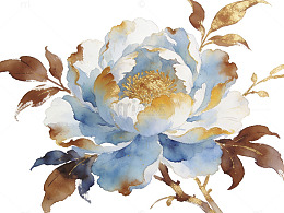 蓝金牡丹水彩画