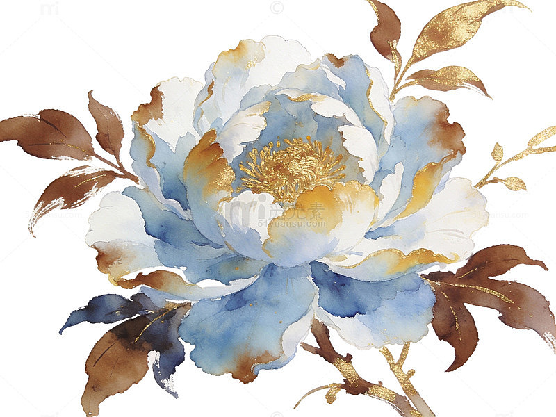 蓝金牡丹水彩画