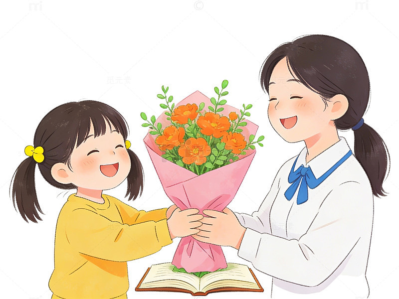 卡通母女送花插画
