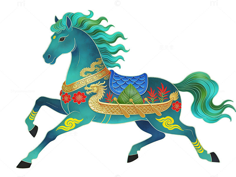 龙舟马中国风插画