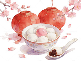 水彩樱花汤圆