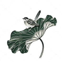春季国风浮雕压纹国画小鸟荷叶免扣元素