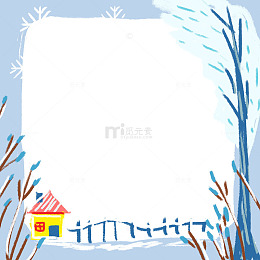 冬季边框蓝紫灰色手绘卡通拍照框大树小屋