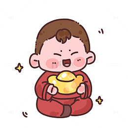 卡通小男孩抱金元宝欢乐插画
