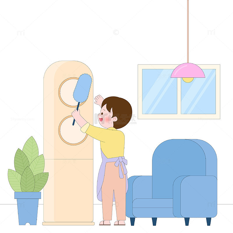 家庭大扫除鸡毛掸子清理空调打扫卫生插画