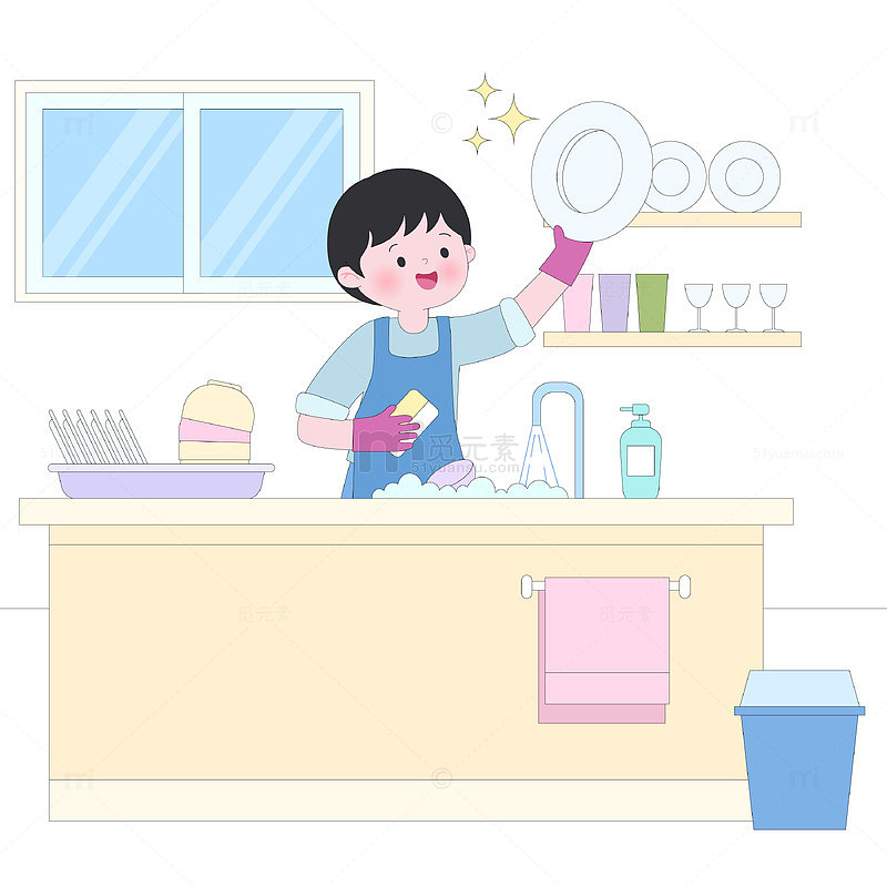 家庭大扫除厨房洗碗刷盘子杯子做家务插画