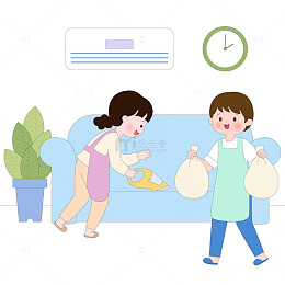 大扫除吸尘器扫沙发扔垃圾袋家务场景插画