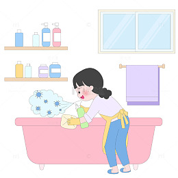 大扫除卫生间擦浴缸打扫卫生家务场景插画