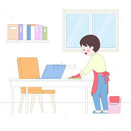大扫除清理办公室桌面书架家务场景插画