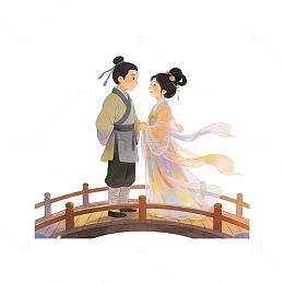 中国风古风七夕情人节牛郎织女鹊桥卡通插画