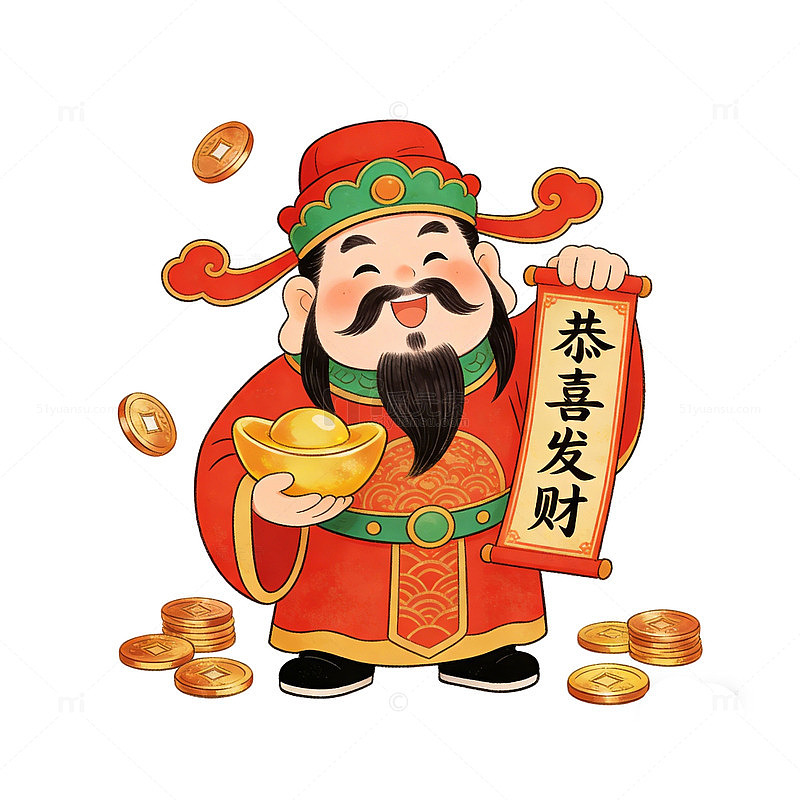 过年新年大年初五迎财神喜庆卡通人财神爷