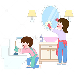 家庭大扫除打扫卫生刷马桶擦镜子做家务插画