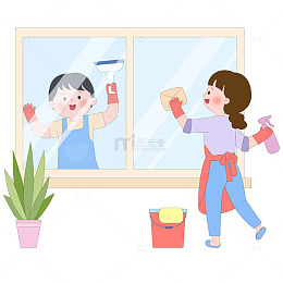 家庭大扫除擦窗户擦玻璃打扫卫生做家务插画