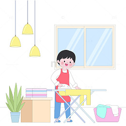 家庭大扫除熨衣服晾衣服家务场景插画