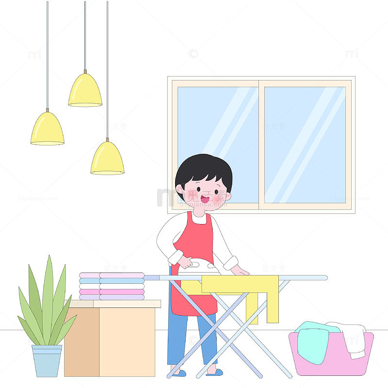 家庭大扫除熨衣服晾衣服家务场景插画