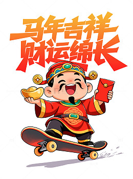 卡通迎财神财运滑板吉祥图艺术字