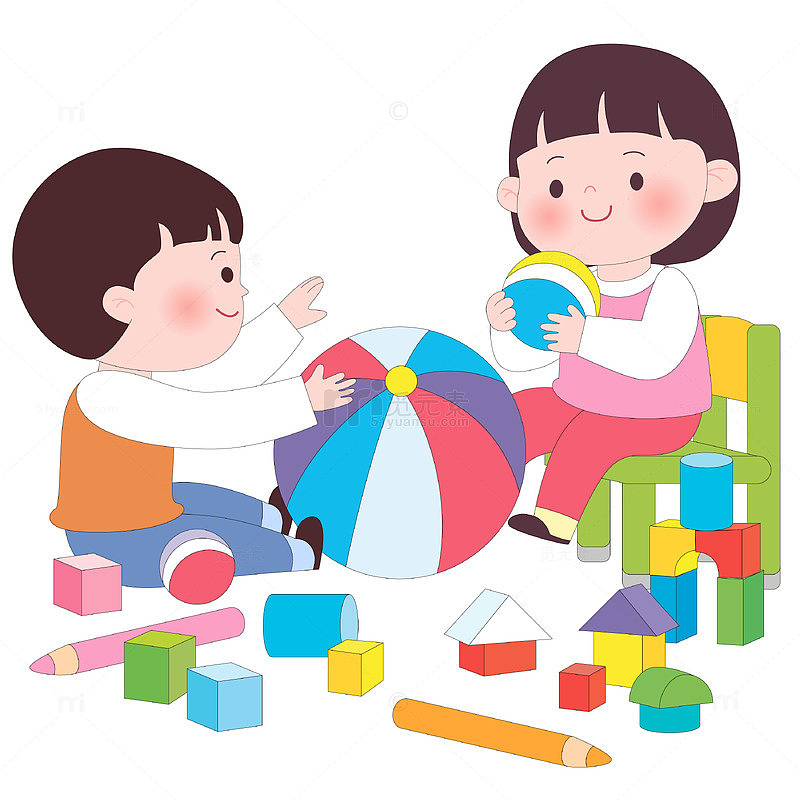 孩子彩色皮球积木块互动玩耍儿童教育插画