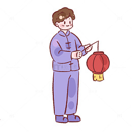 卡通中国风男孩灯笼插画