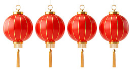 四盏红色中式灯笼悬挂