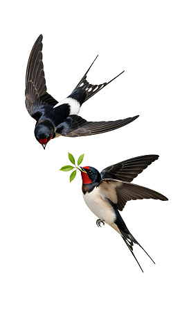两只燕子飞翔携绿叶图片
