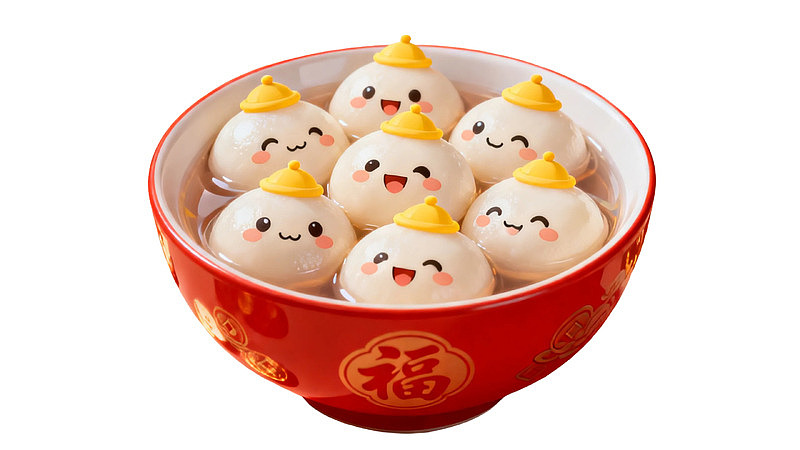 红碗中笑脸汤圆图片