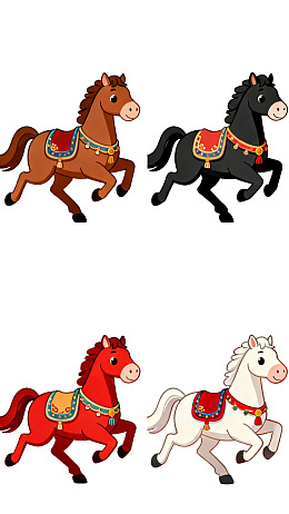 四匹装饰马奔跑的卡通插画