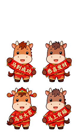 四只卡通牛手持祝福语