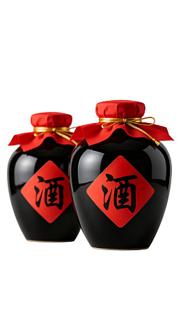 两瓶红色标签黑色酒瓶