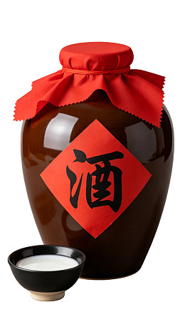 棕色酒坛配红色封口及酒杯