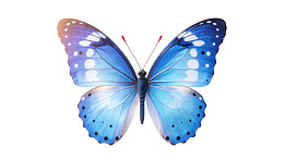 蓝色蝴蝶展翅静止于白色背景