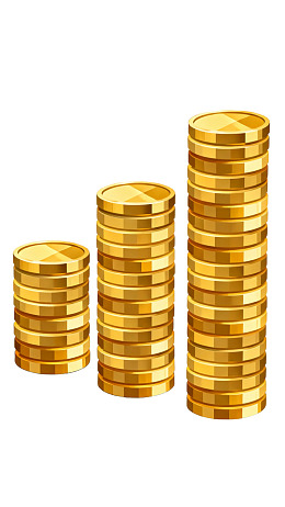 三堆金色硬币阶梯状排列