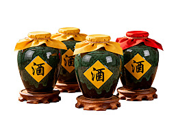 四罐绿色酒坛配黄色红色盖布