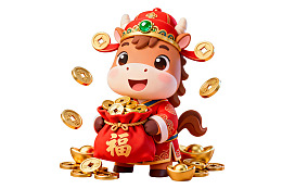 卡通牛手持福袋金币环绕