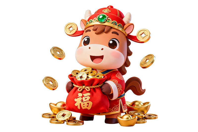 卡通牛手持福袋金币环绕