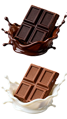 巧克力块与牛奶巧克力酱飞溅